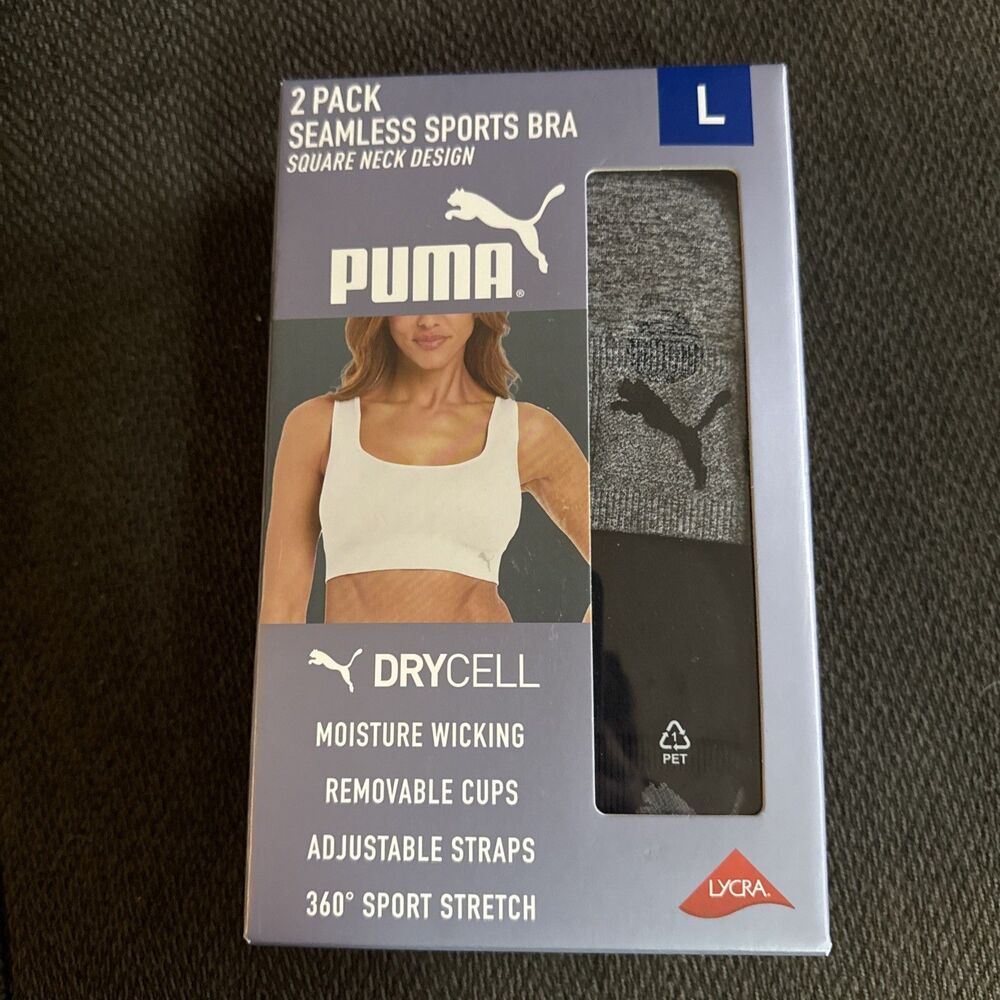 New NIB Puma Women's M Seamless Sports Bra One Grey & One Black Large 2 Pack